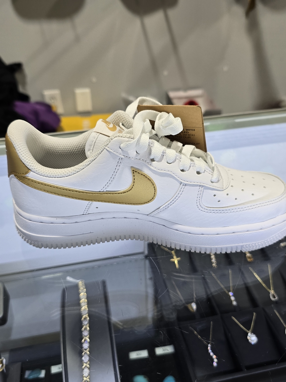 Nike Women's White Low-Top Sneakers with Gold Swoosh Air Force One Nib